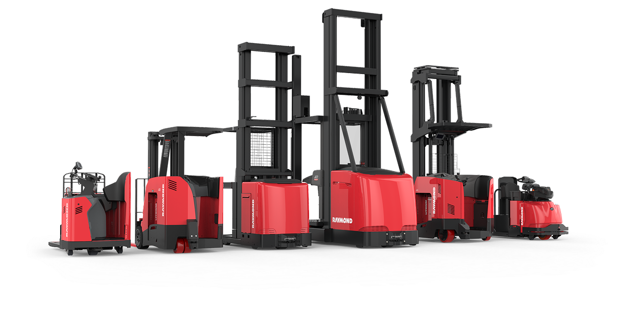 Lineup of Raymond forklifts, raymond walkie, raymond counterbalanced, raymond reach truck, raymond swing reach, raymond orderpicker, raymond tow tractor